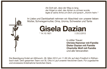 Traueranzeige von Gisela Dazian von Pegnitz-Zeitung